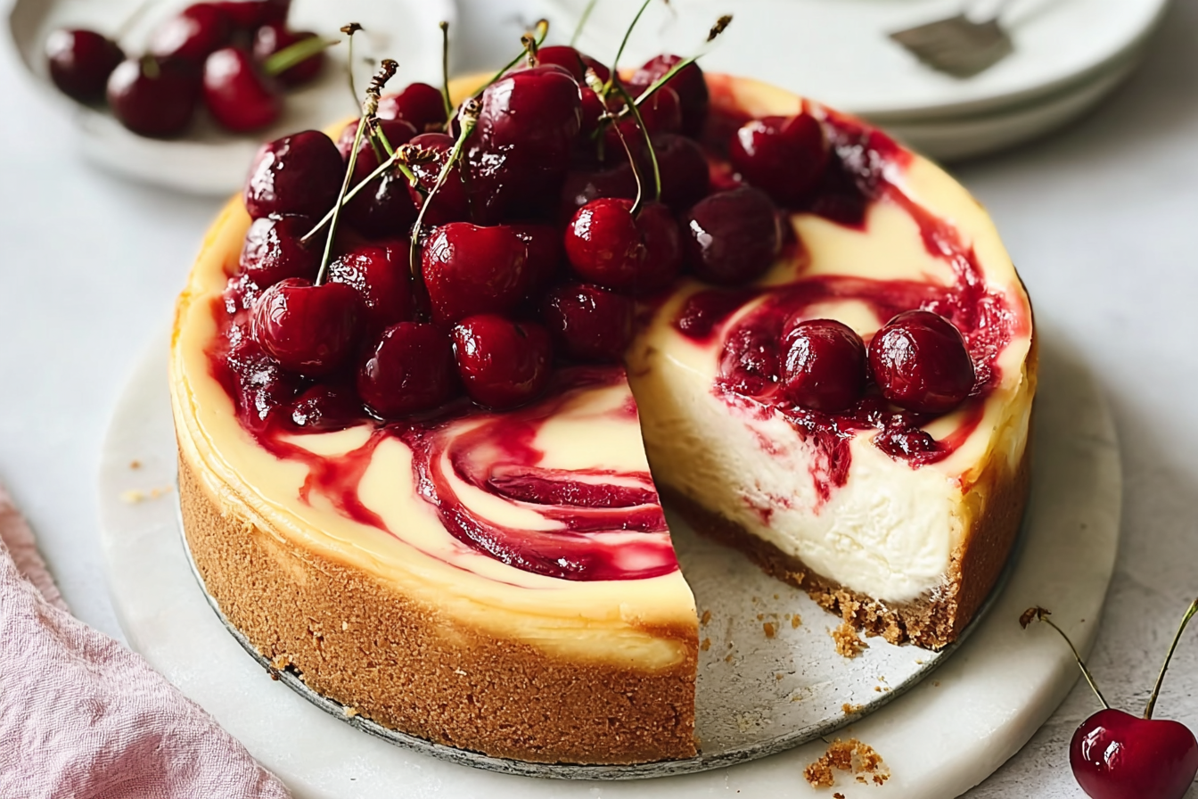 Cherry Swirl Cheesecake With Homemade Cherry Sauce Recipe 6 Baked Cherry Swirl Cheesecake