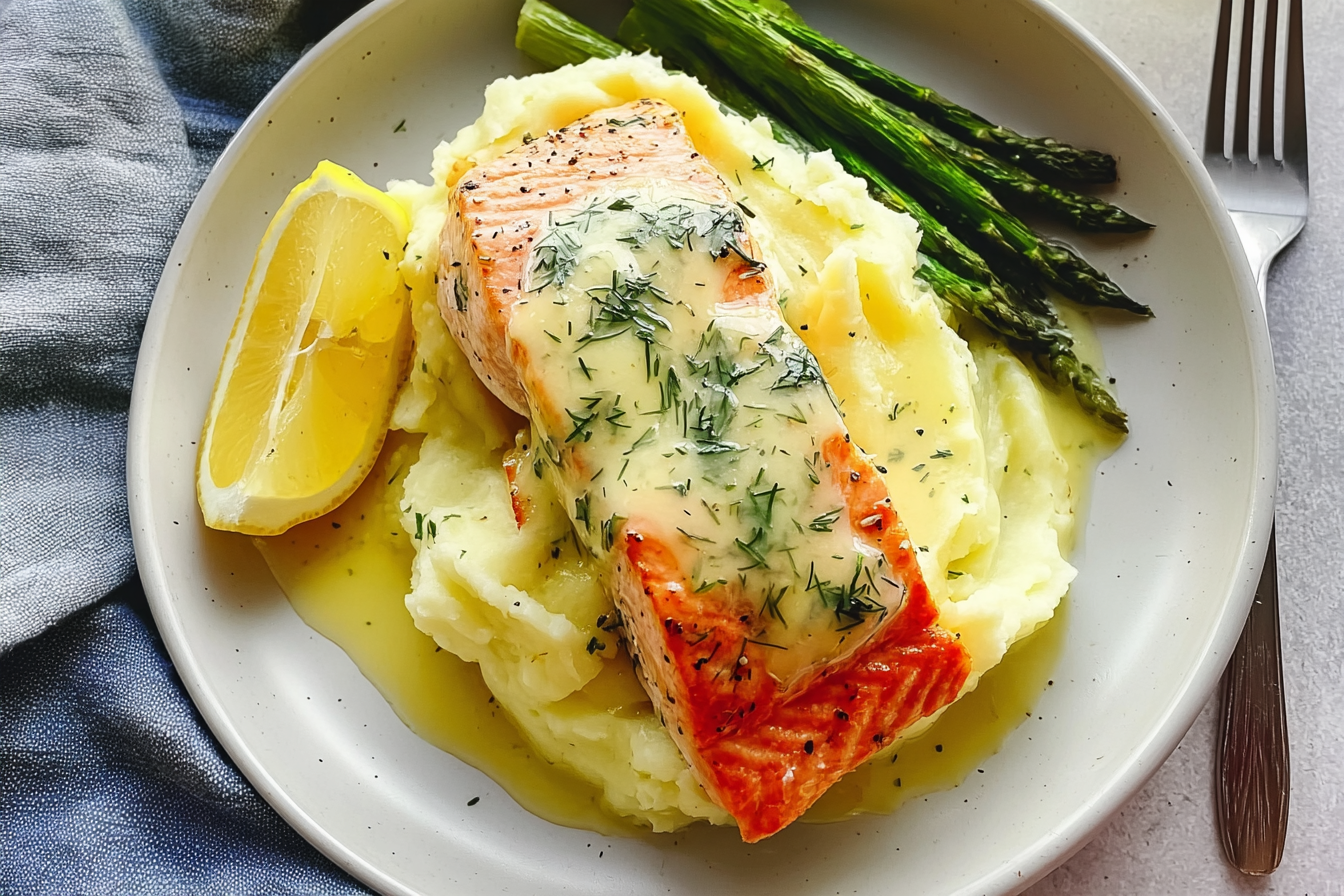 Garlic Herb Mashed Potatoes With Salmon And Lemon Butter Sauce 6 Garlic Herb Buttery Mash Salmon Lemon Butter Sauce