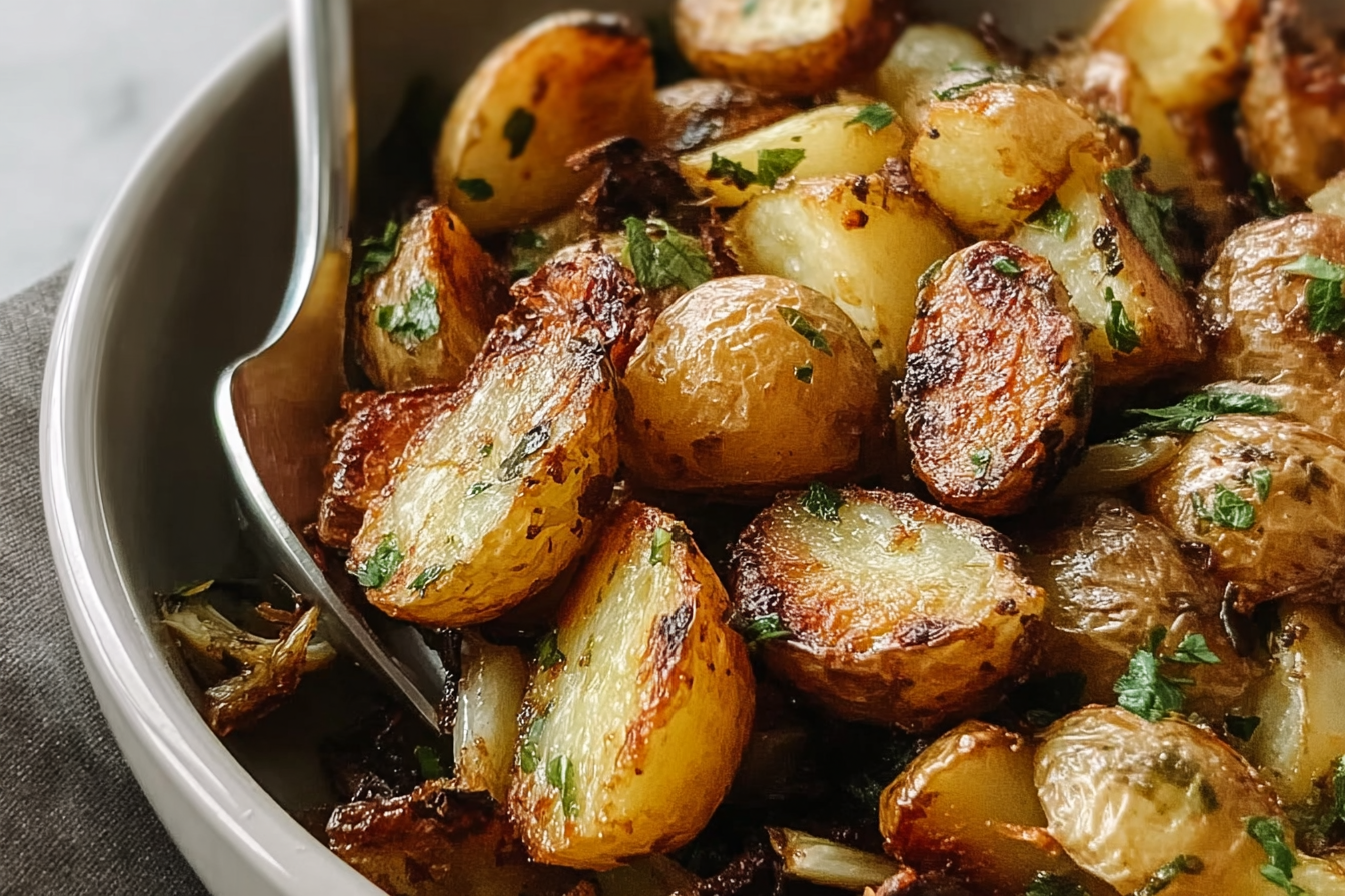 Crispy Garlic Brussels Potatoes